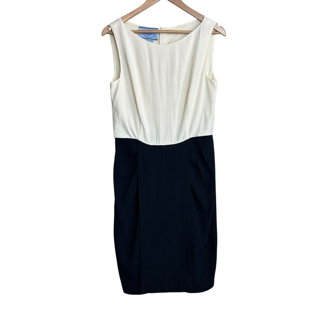 PRADA DRESS Womens Size 44 Ivory Black Sheath Pencil Office Classic Knee Length